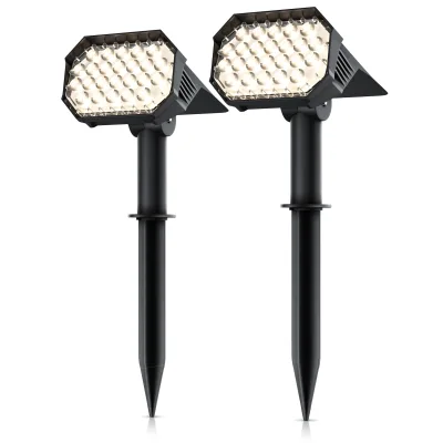 Brandson 2x LED Gartenstrahler Solar Erdspießleuchte, Akku Gartenleuchte, Solarspotlight Wandmontage, Ein-/Ausschalter; mehrere Helligkeitsstufen, LED fest integriert, Warmweiß, Solarstrahler 80 Lumen, Solarleuchte warnweiß, für Garten, Balkon IP65