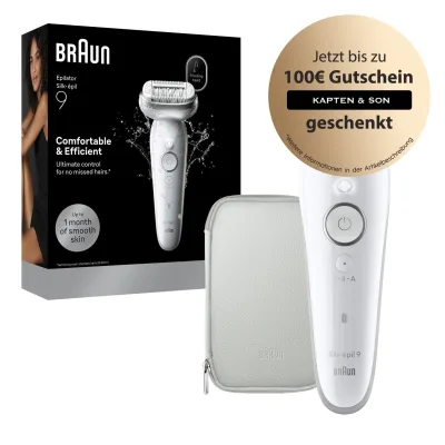 BRAUN Silk·épil 9, Wet & Dry, Langanhaltend glatte Haut, 9-000 Epilierer (Braun Epilierer mit 40 MicroGrip-Pinzetten, breiter schwenkbarer Kopf, Massagerollenaufsatz, inkl. Tasche, Reinigungsbürste, Ladekabel)