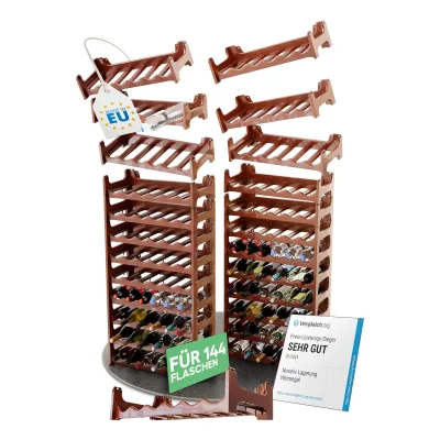 Braunes, Modulares Flaschenregal für 144 Weinflaschen - Stapelbar, Erweiterbar, Robust - Ideal für Weinlagerung in Keller, Gastronomie & Zuhause, Getränkeschrank, Weinregal stapelbar