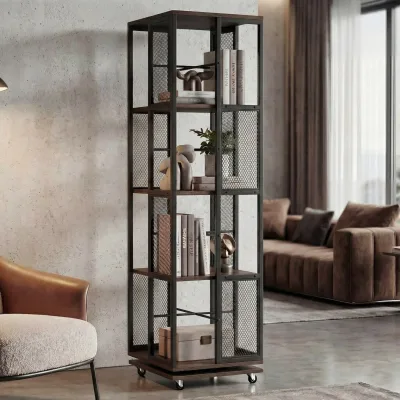 Bücherregal MCW-P13, Standregal Drehregal, Rollen drehbar, Metall Industrial Melamin MVG 147x40x40cm ~ dunkelbraun