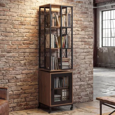 Bücherregal MCW-P13, Standregal Drehregal, Rollen drehbar Tür, Metall Industrial Melamin MVG 162x40x42cm ~ braun