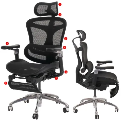 Bürostuhl MCW-N54, Schreibtischstuhl Drehstuhl, ergonomisch, Lordosenstütze Fußstütze 6D-verstellbare Armlehnen schwarz