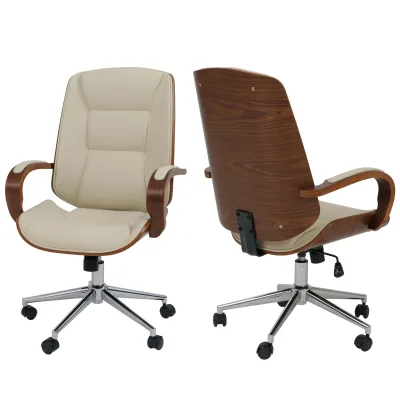 Bürostuhl MCW-O83, Drehstuhl Chefsessel , Kunstleder (280g/m²) Bugholz MVG-zertifiziert Walnuss-Optik ~ creme