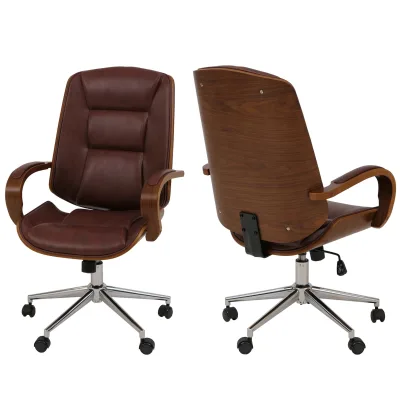 Bürostuhl MCW-O83, Drehstuhl Chefsessel , Kunstleder (280g/m²) Bugholz MVG-zertifiziert Walnuss-Optik ~ rotbraun