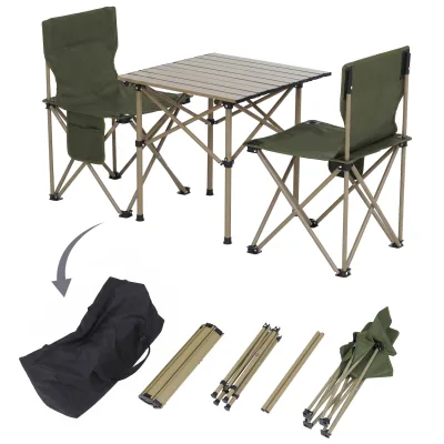 Campingset MCW-Q39, Tisch 2x Stuhl Klappstuhl Anglerstuhl faltbar, Metall Stoff ~ grün