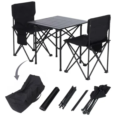 Campingset MCW-Q39, Tisch 2x Stuhl Klappstuhl Anglerstuhl faltbar, Metall Stoff ~ schwarz