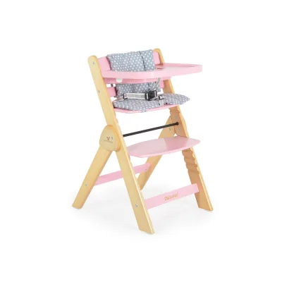 Cangarro Kinderhochstuhl Caramel Holz, Kissen, klappbar, Fußstütze, 3-Punkt-Gurt rosa