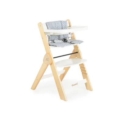 Cangarro Kinderhochstuhl Caramel Holz, Kissen, klappbar, Fußstütze, 3-Punkt-Gurt weiß