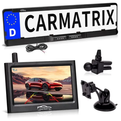 CARMATRIX Funk Rückfahrkamera Digital im Nummernschildhalter mit 4,3" Monitor Nachtsicht LED's