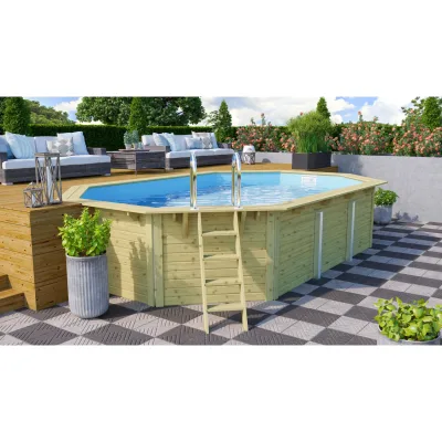 CHILLROI   Achteckiger Massivholz Pool länglich, 358 x 569 x 124 cm, Modell 4   Inkl. Zubehör und Pool Leitern