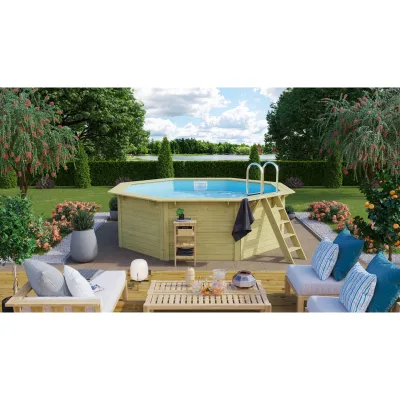 CHILLROI   Achteckiger Massivholzpool, 357,5 x 357,5 x 124 cm, Modell 1 X Folie blau   Inkl. Zubehör und Pool Leitern