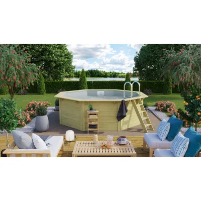 CHILLROI   Achteckiger Massivholzpool, 357,5 x 357,5 x 124 cm, Modell 1 X Folie grau   Inkl. Zubehör und Pool Leitern
