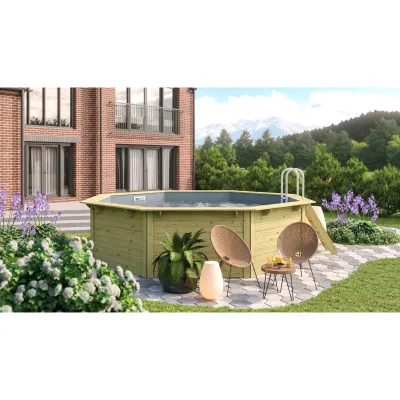 CHILLROI   Achteckiger Massivholzpool, 470 x 470 x 124 cm, Modell 1 X Folie grau   Inkl. Zubehör und Pool Leitern