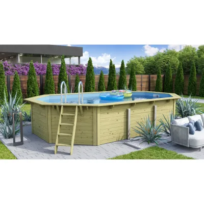 CHILLROI   Achteckiger Massivholzpool länglich, 568,5 x 357,5 x 124 cm, Modell 1 X Folie blau   Inkl. Zubehör und Pool Leitern