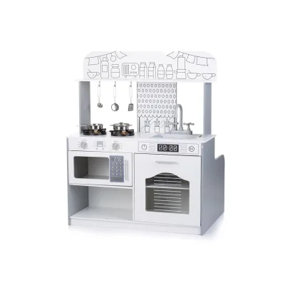 Chipolino Kinderküche 2 in 1 Tisch, Hocker, Küchenutensilien, Töpfe, Mikrowelle weiß