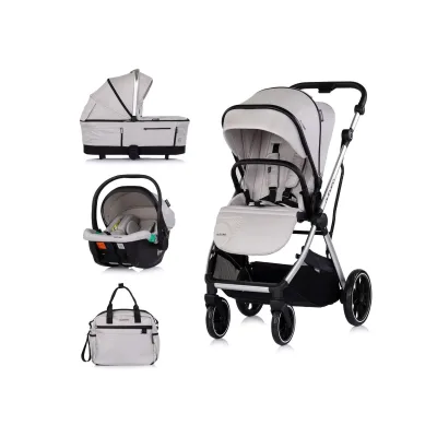 Chipolino Kombikinderwagen Aurora 3 in 1 Babyschale Babywanne Sportsitz Tasche hellgrau