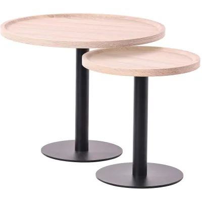 CLP 2er Set Beistelltische Aspen I 2 Couchtische mit runder Tischplatte aus Holz I Wohnzimmertische mit matt-schwarzem Metallgestell