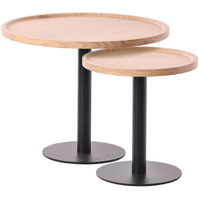 CLP 2er Set Beistelltische Aspen I 2 Couchtische mit runder Tischplatte aus Holz I Wohnzimmertische mit matt-schwarzem Metallgestell