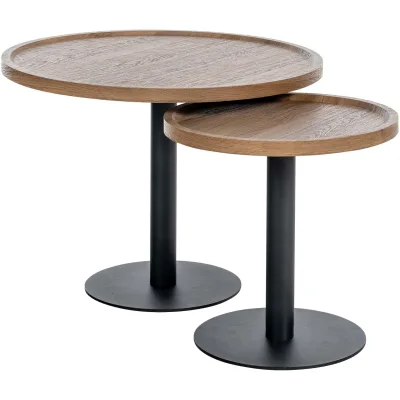 CLP 2er Set Beistelltische Aspen I 2 Couchtische mit runder Tischplatte aus Holz I Wohnzimmertische mit matt-schwarzem Metallgestell
