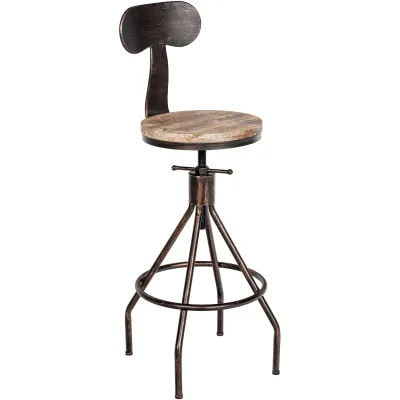 CLP Barhocker Hanam im Industrial-Look I Höhenverstellbarer Barhocker mit Holzsitz und Rückenlehne I Metallhocker mit Fußablage