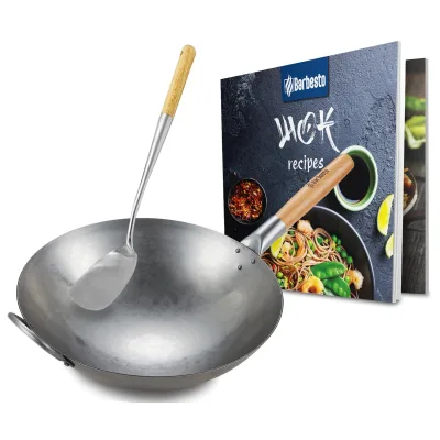 CLP Wok-Set aus Karbonstahl I Flacher oder runder Boden für Gas, Induktion und Grill I Wokpfanne mit Holzgriff, Rezeptbuch & Wokwender