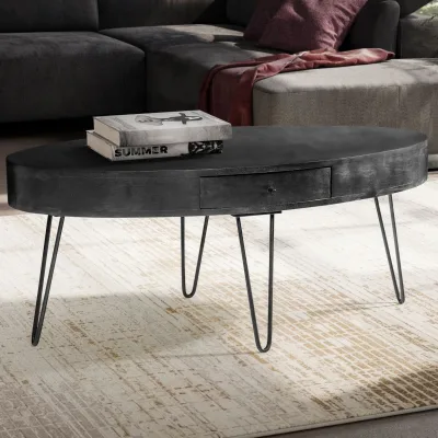 Couchtisch 100cm oval Massivholz schwarz Wohnzimmertisch Schublade Industrial