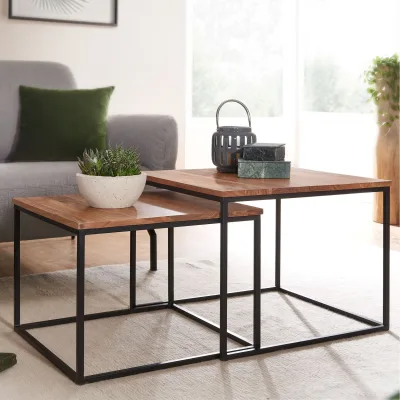 Couchtisch 2er Set Akazie Massivholz quadratisch · Wohnzimmertisch Industrial