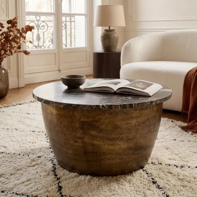 Couchtisch 60cm mit Marmor Platte schwarz Wohnzimmertisch Beistelltisch Rund