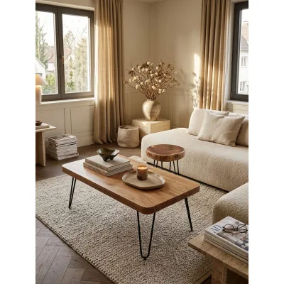 Couchtisch BAGLI aus Massivholz mit Design Metallbeinen im Landhaus-Stil, Akazie 60x115x40 cm