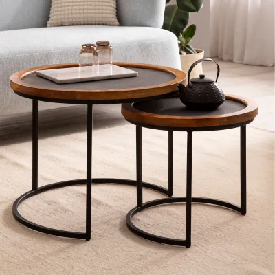 Couchtisch FineBuy Wohnzimmertisch 2er Set Rund Holz / Steinoptik Satztisch
