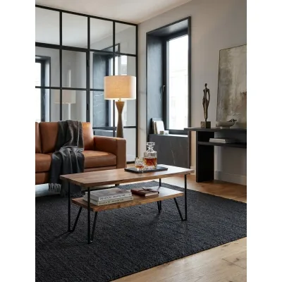 Couchtisch in Massivholz mit Metall, 90x50x40 cm, Rechteckig, Stauraum, Industrial Design