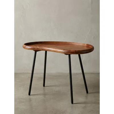 Couchtisch in Nierenform aus Massivholz mit Metallbeinen, Dunkelbraun 40x71x51 cm
