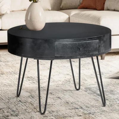 Couchtisch Mango Massivholz rund Ø 60 cm Wohnzimmertisch Schublade Schwarz