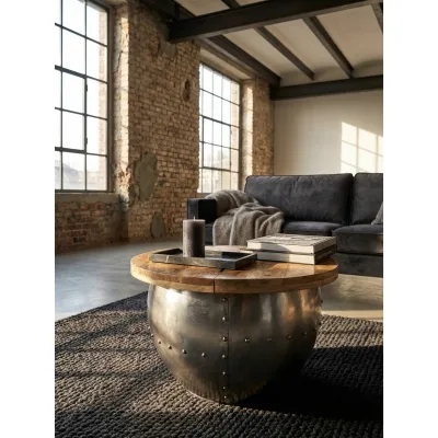 Couchtisch Mangoholz Metall Industrial 60x43x60 cm Rund mit Stauraum Silber