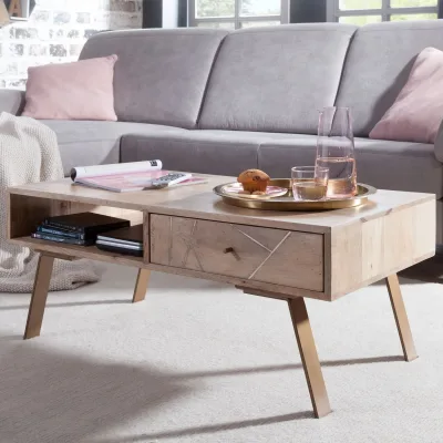 Couchtisch Massivholz rechteckig 95cm Wohnzimmertisch Schublade & Ablagefach