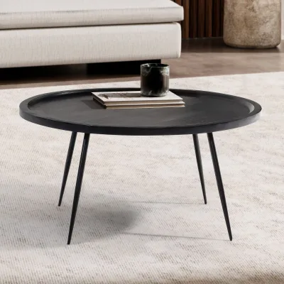 Couchtisch Massivholz rund Ø 75 cm Schwarz Moderner Wohnzimmertisch Metallbeine