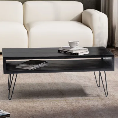 Couchtisch Massivholz schwarz 100cm rechteckig Wohnzimmertisch Ablage Industrial