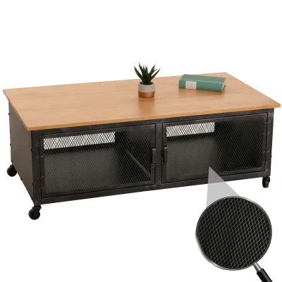 Couchtisch MCW-N28, Sofatisch, Rollen 2 Fächer, 3D-Struktur Industrial Retro Metall Holz 45x120x60cm ~ schwarz, natur
