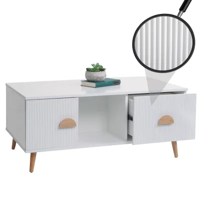 Couchtisch MCW-N89, Beistelltisch Sofatisch, Schubladen Türen Fächer 3D-Design Melamin Holz, 43x100x60cm ~ weiß