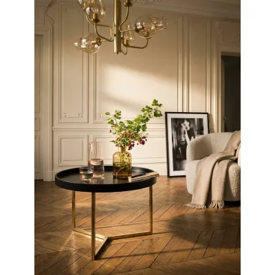 Couchtisch Metall Rund, Retro Design, Modern mit Holzplatte, Schwarz 58x58x42 cm