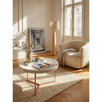 Couchtisch Metall Rund, Retro Design, Modern mit Holzplatte, Weiß 58x58x42 cm