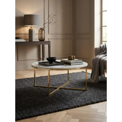 Couchtisch mit Marmoroptik und Metall-Gestell, Rund, Weiß 80x80x35 cm