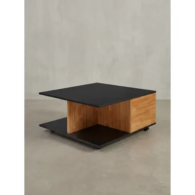 Couchtisch mit Rollen, 2 Schubladen und Fächern, Braun-Schwarz 70x70x36 cm