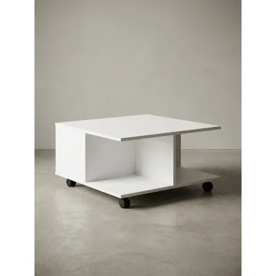 Couchtisch mit Rollen, 2 Schubladen und Fächern, Weiß 70x70x36 cm