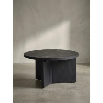 Couchtisch rund in Schwarz, aus Massivholz Mango, 60x60x33cm, Dreibein-Design, Niedrig, Modern, mit Naturholzmaserung