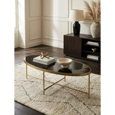 Couchtisch Schwarz aus Glas, Oval, mit Goldfarbenem Metallgestell, 110x56 cm
