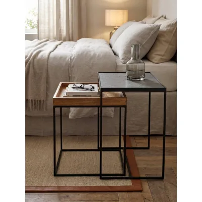 Couchtisch Set – 2-teilig Eckig Mango Massivholz Steinoptik Metall Industrial