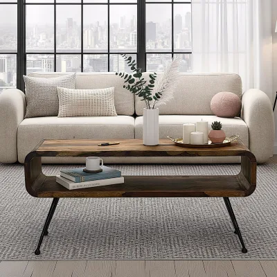 Couchtisch Sheesham Massiv Metallbeinen 100cm Industrial Retro Wohnzimmertisch