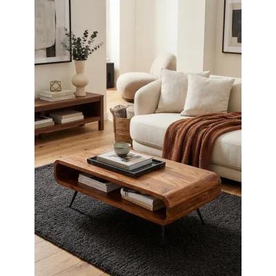 Couchtisch Sheesham Massivholz/Metall Eckig 90x55x30 cm mit Stauraum