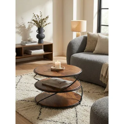 Couchtisch Sheesham Massivholz/Metall Rund 58x58x40,5 cm mit Stauraum